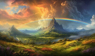  a painting of a rainbow in the sky over a mountain range with a rainbow in the sky and a rainbow in the sky above it.  generative ai