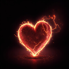A burning heart made of fire is lit up with flame