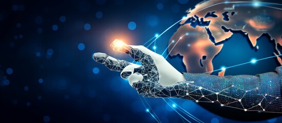 Obraz na płótnie Canvas Robot hand Leading the global world business community of network communication connected. Digital and technological convergence with abstract blue background