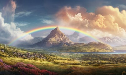  a painting of a rainbow in the sky over a mountain range with a lake and a village below it and a rainbow in the sky.  generative ai