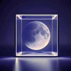 3d crescent moon inside glass cube