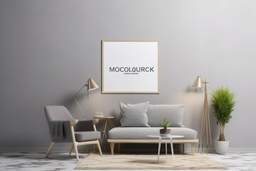 mockup of a gray walled, modern living room with a sofa and an armchair. furniture with a Scandinavian interior design aesthetic, along with plants and a gray wall. duplicate space. Generative AI