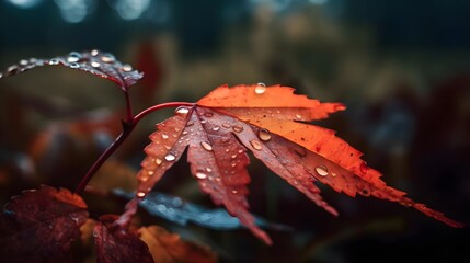 Close up wet red Japanese maple leaves with water drop in the nature background. Generative AI technology.