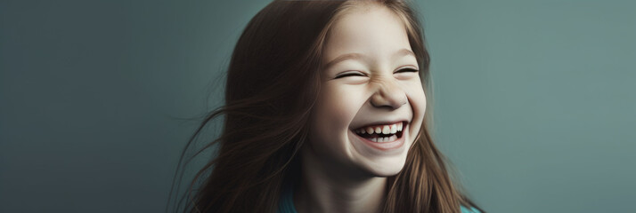 Portrait of a little girl laughing. Banner. Copyspace. Generation AI