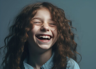 Portrait of a little girl laughing. Copyspace. Generation AI