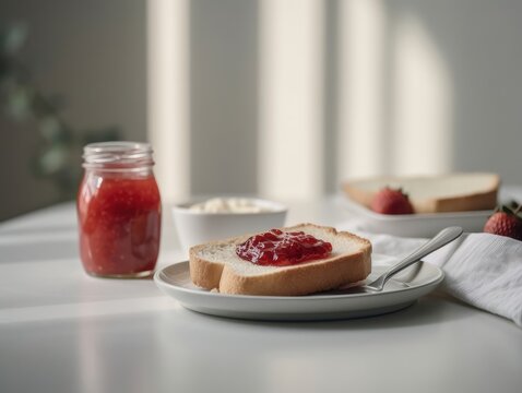 Toast with strawberry jam for breakfast on white table. Generative AI