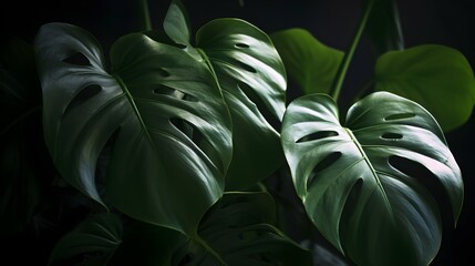 Green exotic Monstera leaves tropical plant in dark background. Generative AI technology.