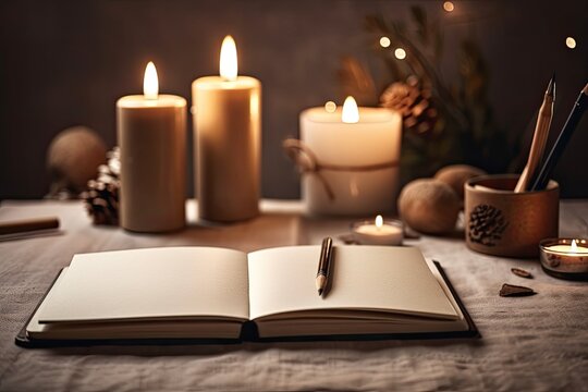 New Year's or Christmas scene. Mockup of excellent intentions on a notepad. On the wall, there is a blank sheet of paper. On the table are books, a candle, and an empty paper sheet. Generative AI
