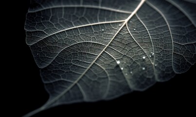  a close up of a leaf with drops of water on the leaf's leaves, on a black background, with a black background.  generative ai