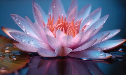  a pink flower with water droplets on it's petals and a leaf on the water's surface, with a blue back ground behind it.  generative ai