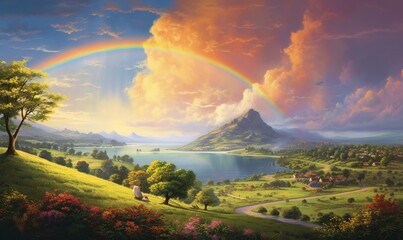  a painting of a rainbow in the sky over a lake and a mountain with a rainbow in the sky and a rainbow in the sky.  generative ai
