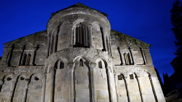 Still footage of the apse of the church of St. Peter in Romena by night, in Pratovecchio, province of Arezzo, Tuscany, Italy
