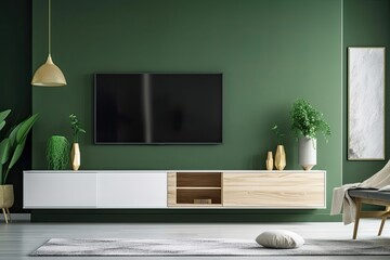 Modern TV cabinet on a plain green wall in the living room. Generative AI