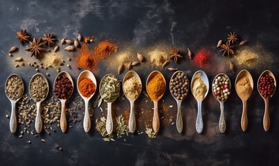  a row of spoons filled with different types of spices and spices on a black surface with a black background with a few spoons of different kinds of spices.  generative ai