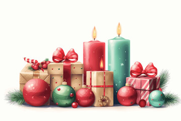 Christmas decoration with christmas tree gift boxes red candles christmas vector art illustration.