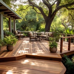 Obraz premium wooden bench in a garden. luxury wood patio and deck. outdoor living space - generative AI