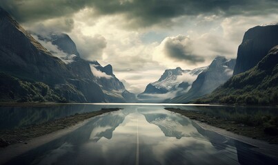  a lake surrounded by mountains and clouds in the sky with a reflection in the water and a reflection of the sky in the water with the mountains in the water.  generative ai