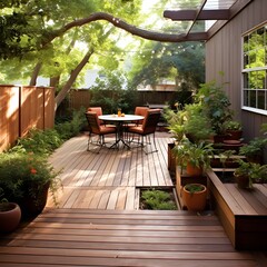 wooden bench in a garden. luxury wood patio and deck. outdoor living space - generative AI - obrazy, fototapety, plakaty