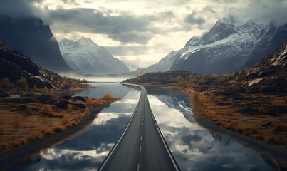  a long stretch of road with mountains in the background and a body of water in the middle of the road with a long line of road running through it.  generative ai
