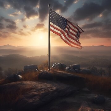 4th of july - memorial day, american flag on a hill. United states flag - generative AI