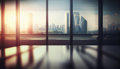 Fototapeta premium Beautifully Blurred Background of a Light Modern Office Interior with Panoramic Windows and Beautiful Lighting