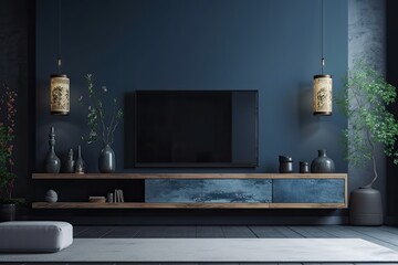 modern zen living room with tv cabinet against dark blue wall. Generative AI