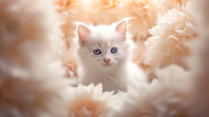 A white kitten sitting in a bed of flowers. Generative AI.