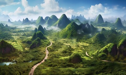  an aerial view of a mountain range with a river running through it and a road winding through the middle of the valley, surrounded by lush green mountains.  generative ai