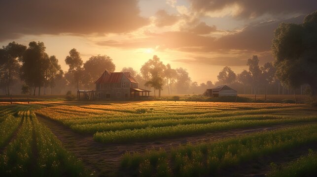 Fresh Plantation field with sun rise, Generative ai
