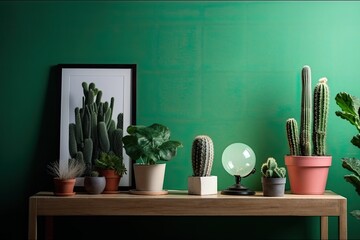 Near the room's green wall is a table with a cactus and a blank photo frame. Generative AI