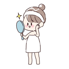 手鏡を見て笑顔の女性