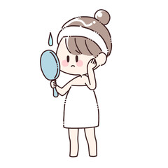 手鏡を見て悩むの女性