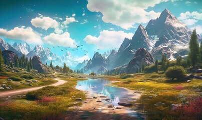  a painting of a mountain landscape with a river running through the middle of it and birds flying over the mountain range in the distance,.  generative ai