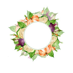 Round watercolor frame. Hand drawn vegetables. Template for inscription, text. Autumn, harvest. Clipart.