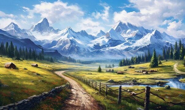  a painting of a mountain landscape with a dirt road leading to a lake and a mountain range in the distance, with a fenced in the foreground.  generative ai
