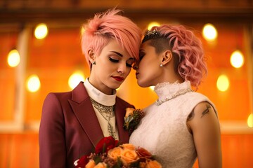 Photo of two lesbian women with pink hair posing for the camera