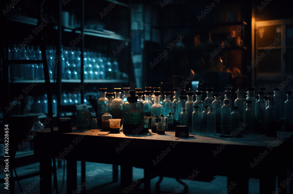 Aufkleber a table topped with lots of bottles filled with liquid. ai generative.