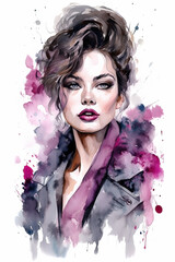 Watercolor woman portrait fashion illustration on white background. Ai generated