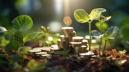 Passive income investment, plant growing on coin, generative ai