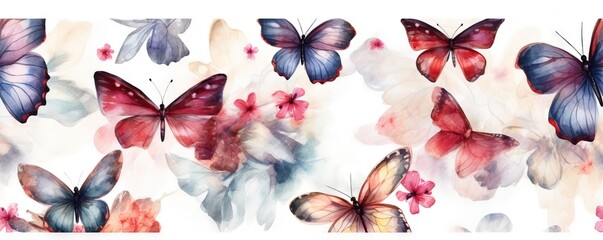  a group of butterflies flying through the air with watercolor paint on it's wings and back of the wings are red, white, purple, and blue, and pink.  generative ai