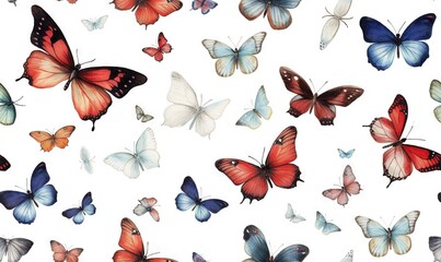  a group of butterflies flying through the air on a white background with red, blue and white butterflies in the sky above the image is a white background.  generative ai