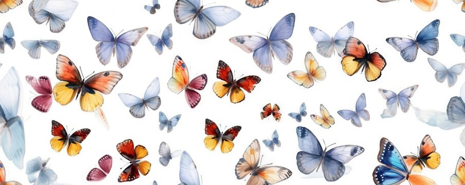 a group of colorful butterflies flying in the air together on a white background with watercolor effect in the upper right corner of the image.  generative ai