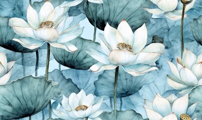  a watercolor painting of white flowers and leaves on a blue watercolor background with green leaves and a brown spot in the center of the petals.  generative ai