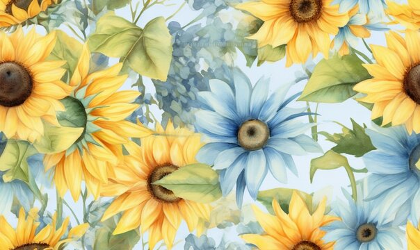  a painting of sunflowers and leaves on a blue background with watercolor paint on paper, and a brown spot in the middle of the center of the image.  generative ai