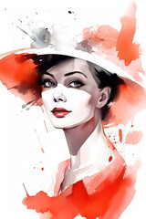 Watercolor woman with hat portrait fashion illustration on white background. Ai generated
