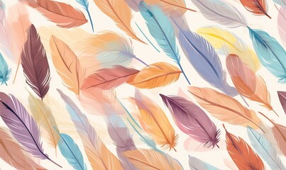  a pattern of colorful feathers on a white background with a blue, orange, and pink feather pattern on the bottom right corner of the image.  generative ai