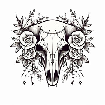 A black and white drawing of a skull with flowers. Generative AI.