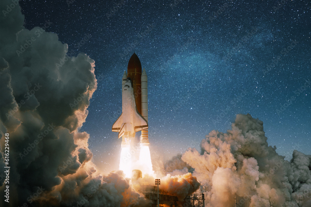 Poster new ship rocket flies to mars planet. spaceship shuttle with blast and smoke takes off into the star