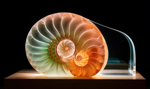  a large nauti shell on display on a wooden surface with a black background and a black background with a white border around the shell.  generative ai