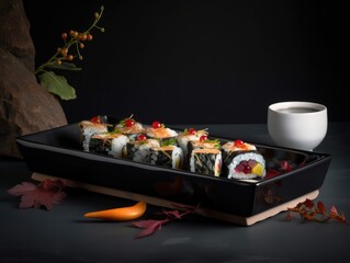 Delicious sushi rolls on black table, Japanese food. Generative AI